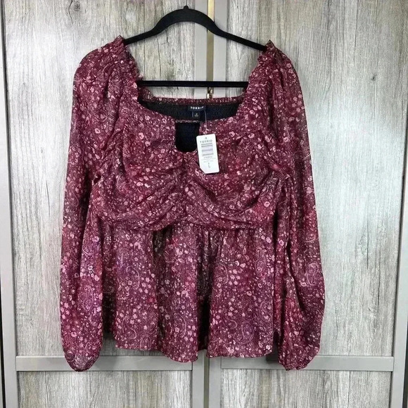 Torrid Top Sz 0 Large Peplum Keyhole Smocked Paisley Purple Pink Long Sleeve NEW - Picture 1 of 10